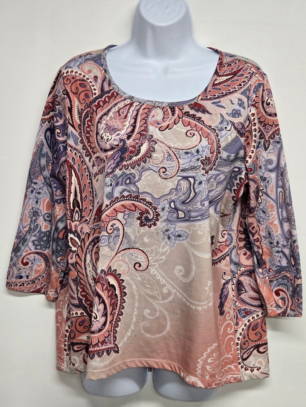 Westport Top L Scoop Neck Half Sleeve Stretch Silver Rhinestones Paisley